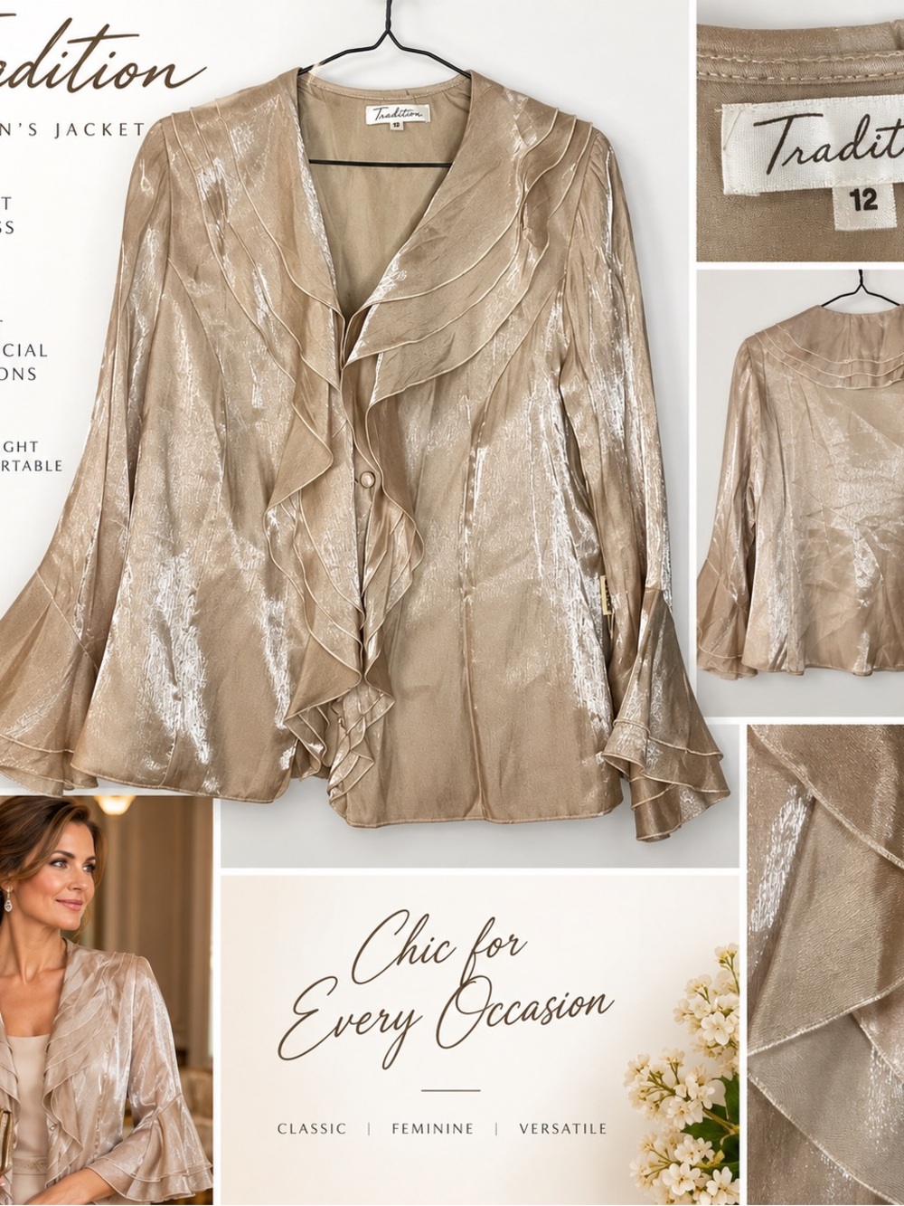 Metallic Taupe Ruffle-Front Women’s Blouse